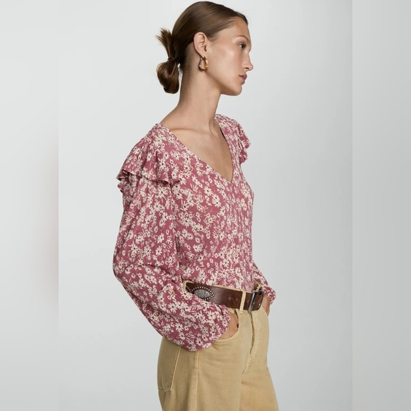 Mango Floral Ruffle Blouse - Pink Size Extra Large - Picture 2 of 7